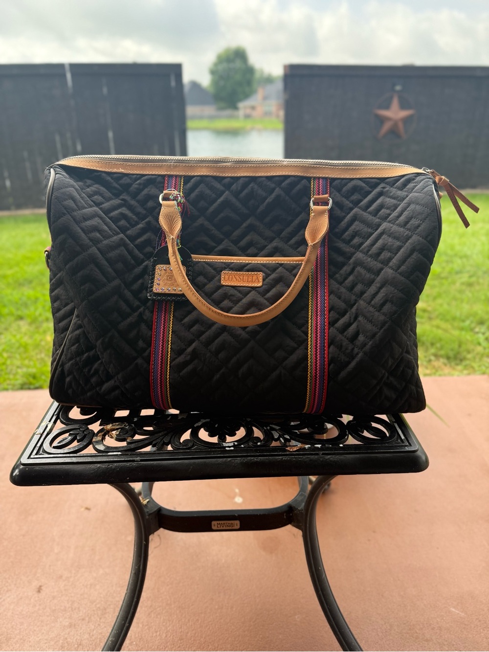 NWT Consuela Meg Weekender Black Quilted Travel Duffle Bag Leather Trim